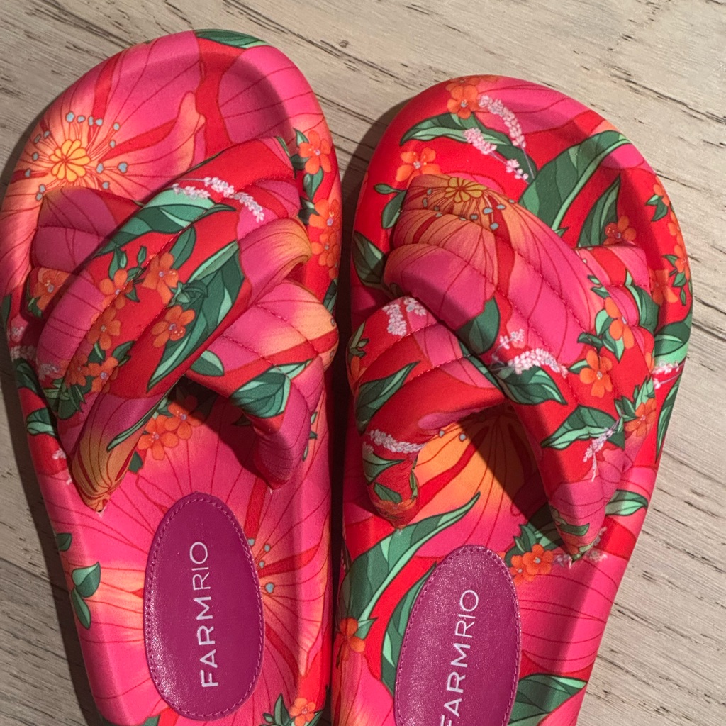 Brazil Exclusive Farm Rio Tropical Floral Knotted Slide Sandals - Pink & Red